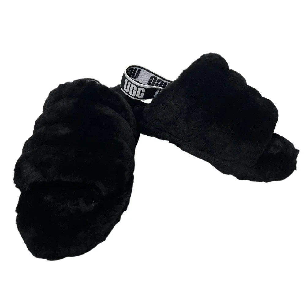 UGG Fluff Yeah Slide in Black Fur, Big Kids US Size 6, NWT
